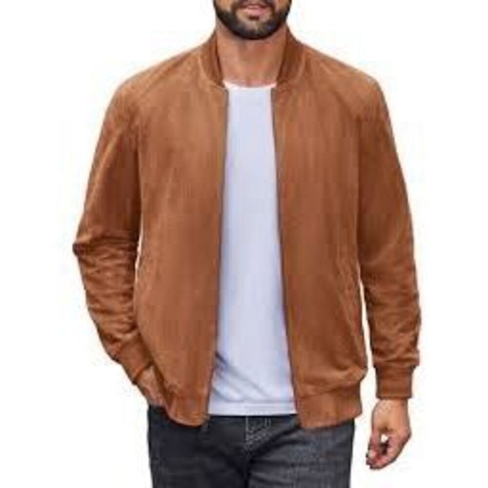 Coofandy Men's L Casual Zip Up Jacket Tan Linen Blend Bomber Spring Minimalist